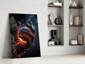 a molten stone hand cradling a glowing planet panel resting in a shelving niche in a modern interior