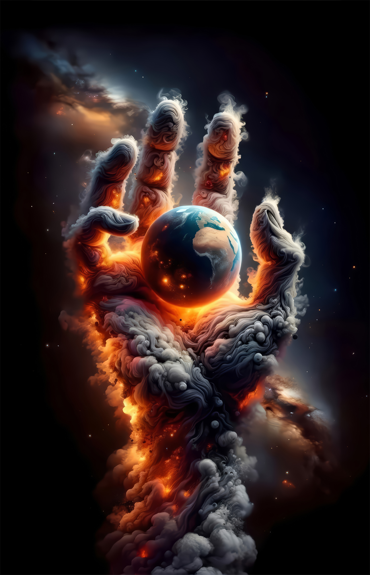 Smoke Cloud Hand Reaching for Earth Glass Wall Art