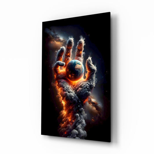 Smoke Cloud Hand Reaching for Earth Glass Wall Art - Lifestyle preview in a designer interior