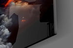 Close-up detail of the swirling cloud fingers and the blue globe in the palm on the glass surface