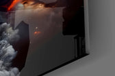 Close-up detail of the swirling cloud fingers and the blue globe in the palm on the glass surface