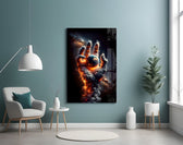a hand of smoke and fire cradling planet earth glass wall art styled above an armchair in a reading corner
