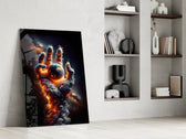 a hand of smoke and fire cradling planet earth panel resting in a shelving niche in a modern interior