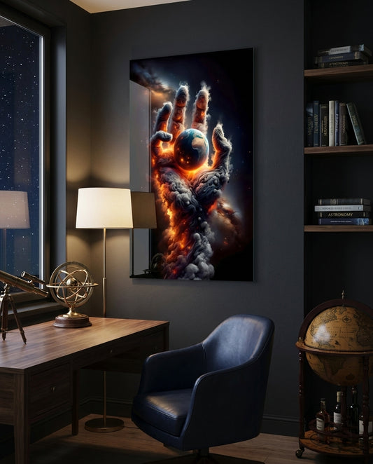 Smoke Cloud Hand Reaching for Earth Glass Wall Art