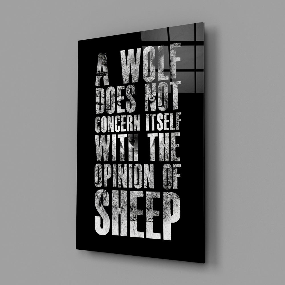 wolf opinion of sheep quote glass wall art angled to show the polished tempered glass panel