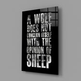 wolf opinion of sheep quote glass wall art angled to show the polished tempered glass panel