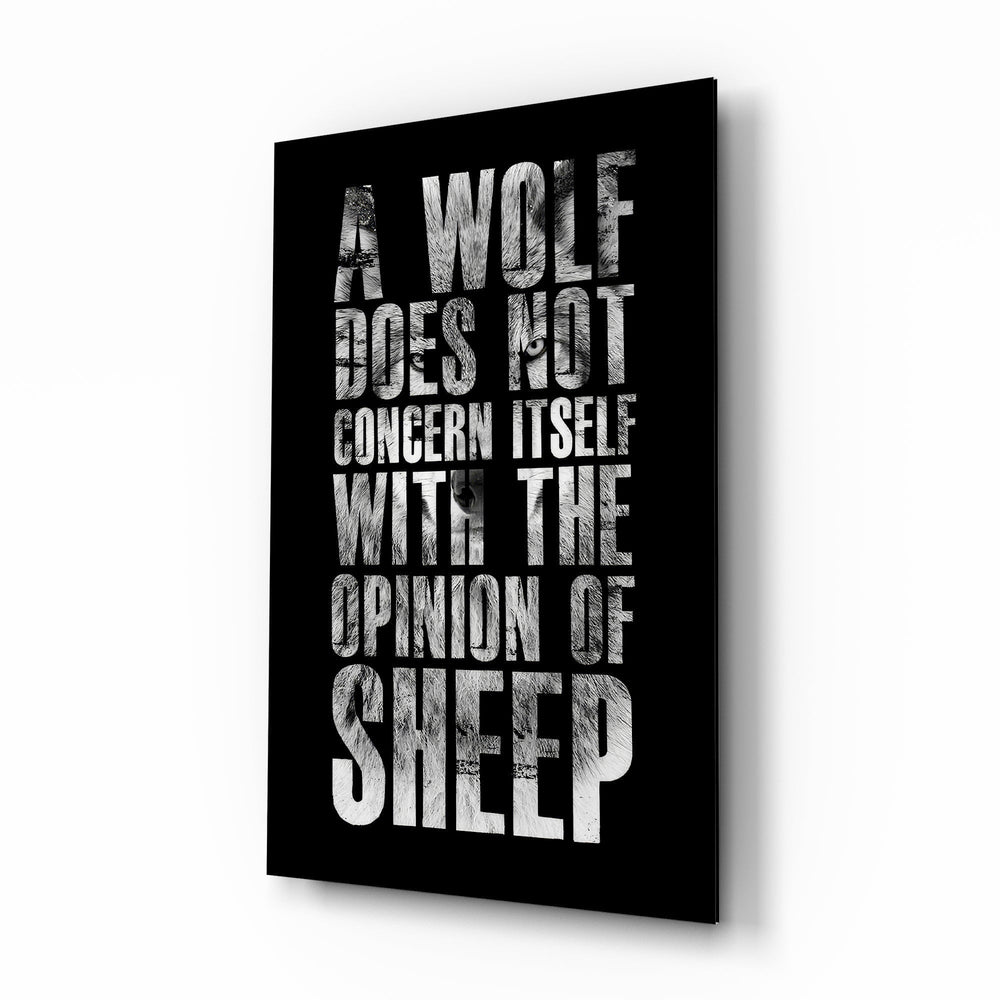 Wolf Opinion of Sheep Quote Glass Wall Art - Lifestyle preview in a designer interior