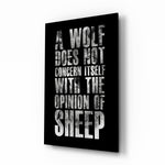 Wolf Opinion of Sheep Quote Glass Wall Art - Lifestyle preview in a designer interior