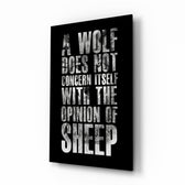 Wolf Opinion of Sheep Quote Glass Wall Art - Lifestyle preview in a designer interior