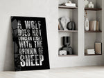 wolf opinion of sheep quote panel resting in a shelving niche in a modern interior