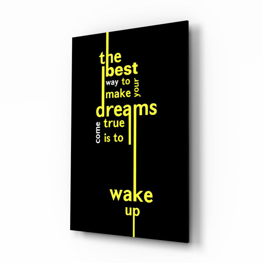 Wake Up Yellow Neon Dreams Quote Glass Wall Art - Lifestyle preview in a designer interior
