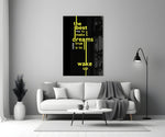 wake up dreams quote in yellow panel bringing character to a minimalist living room wall