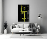 wake up dreams quote in yellow panel bringing character to a minimalist living room wall