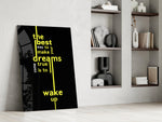 wake up dreams quote in yellow panel resting in a shelving niche in a modern interior