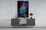 never give up neon graffiti quote glass wall art displayed above a console in a designer interior