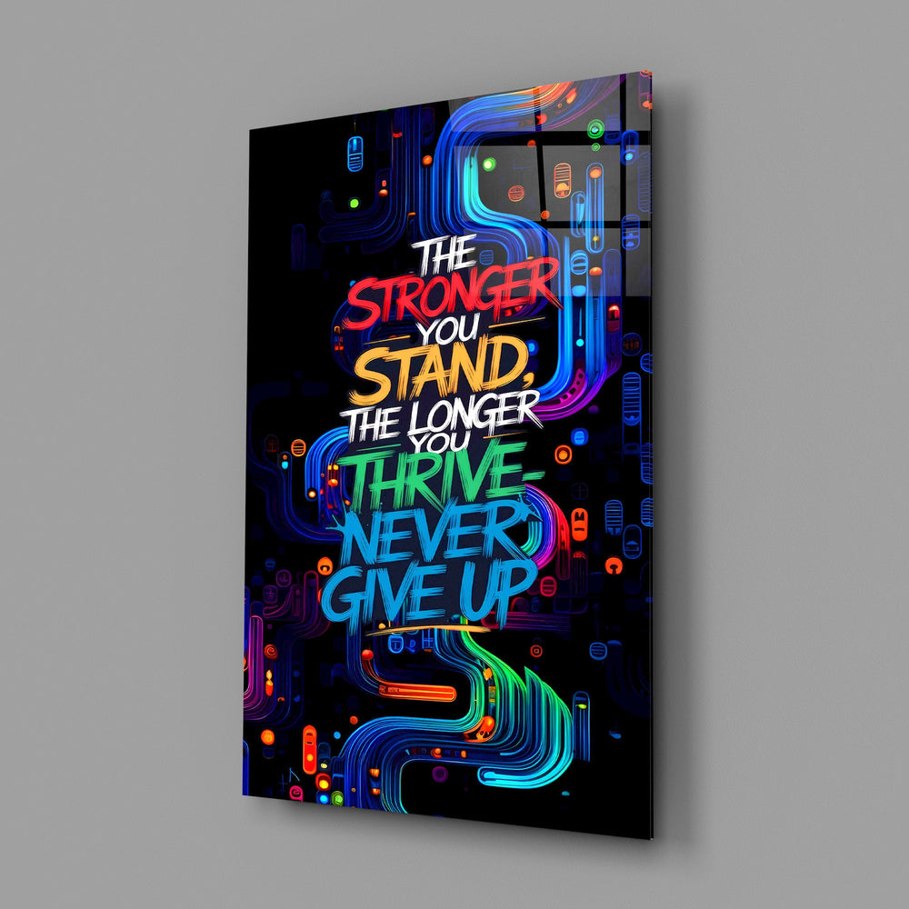 never give up neon graffiti quote glass wall art angled to show the polished tempered glass panel