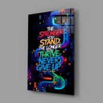 never give up neon graffiti quote glass wall art angled to show the polished tempered glass panel