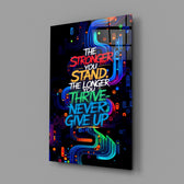 never give up neon graffiti quote glass wall art angled to show the polished tempered glass panel