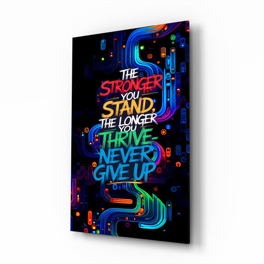 Never Give Up Neon Graffiti Quote Glass Wall Art - Lifestyle preview in a designer interior