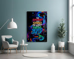 never give up neon graffiti quote glass wall art styled above an armchair in a reading corner