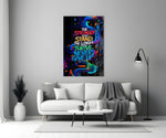 never give up neon graffiti quote panel bringing character to a minimalist living room wall