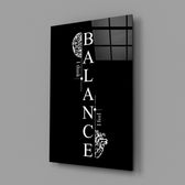 balance brain and heart quote glass wall art angled to show the polished tempered glass panel