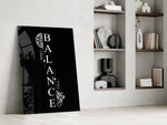 balance brain and heart quote panel resting in a shelving niche in a modern interior