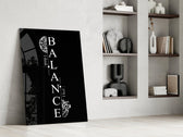 balance brain and heart quote panel resting in a shelving niche in a modern interior