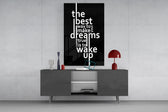 wake up dreams quote in black and white glass wall art displayed above a console in a designer interior
