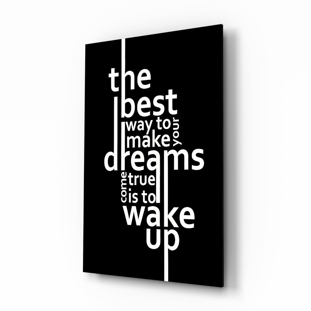 Wake Up Dreams Black and White Glass Wall Art - Lifestyle preview in a designer interior