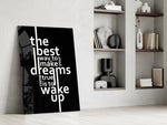 wake up dreams quote in black and white panel resting in a shelving niche in a modern interior