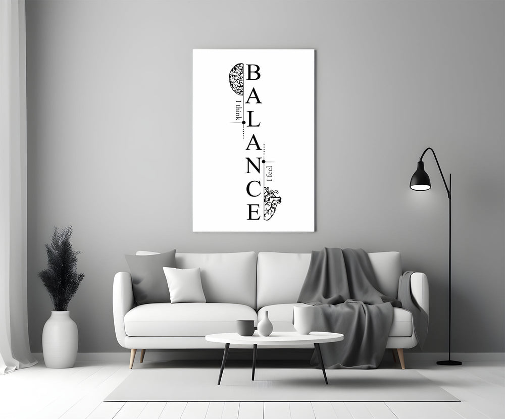 balance brain and heart typography panel bringing character to a minimalist living room wall