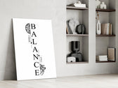 balance brain and heart typography panel resting in a shelving niche in a modern interior