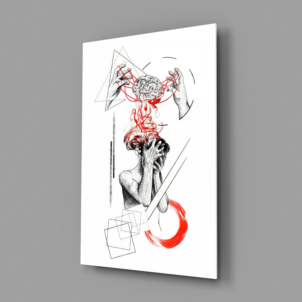 brain unravelling into red threads glass wall art angled to show the polished tempered glass panel