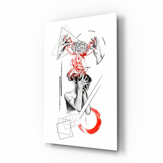 Overthinking Red Thread Brain Sketch Glass Wall Art - Lifestyle preview in a designer interior