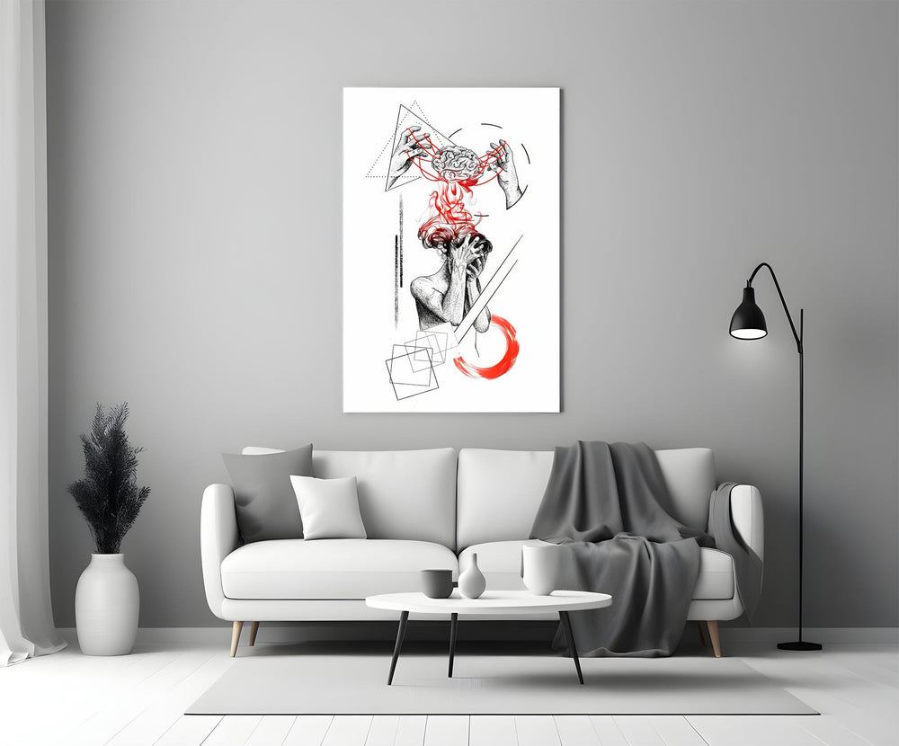 brain unravelling into red threads panel bringing character to a minimalist living room wall