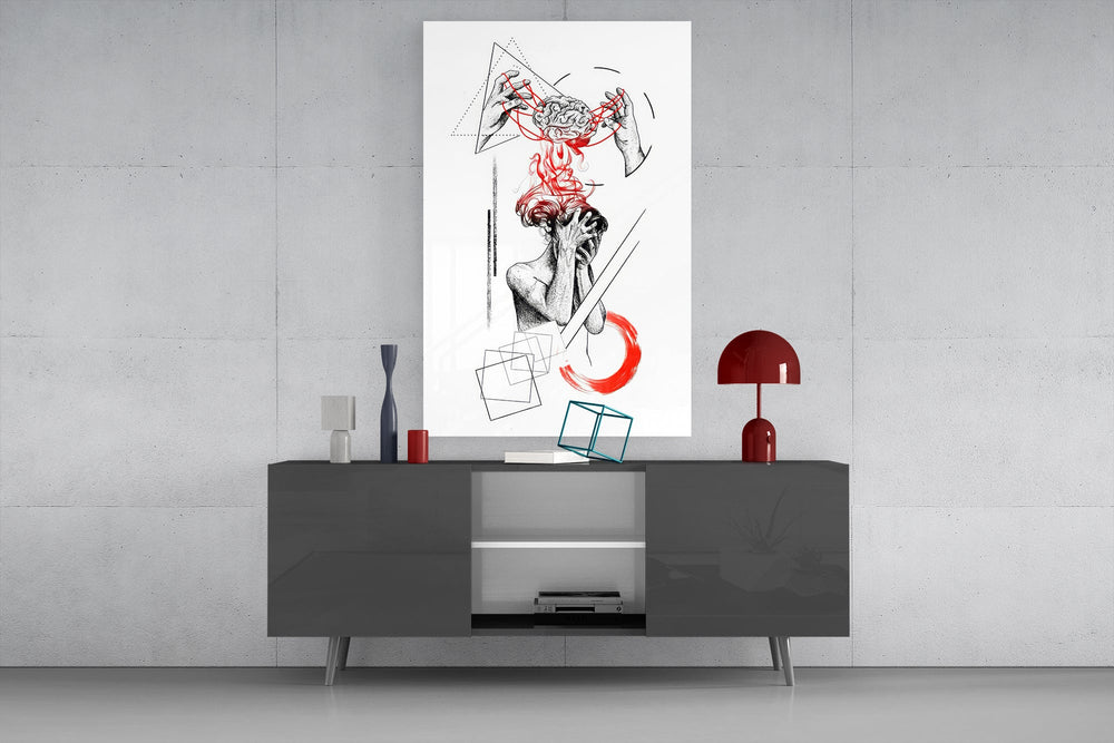 brain unravelling into red threads glass wall art displayed above a console in a designer interior