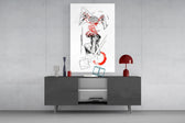 brain unravelling into red threads glass wall art displayed above a console in a designer interior