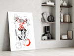 brain unravelling into red threads panel resting in a shelving niche in a modern interior