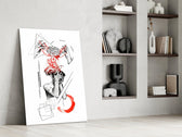 brain unravelling into red threads panel resting in a shelving niche in a modern interior