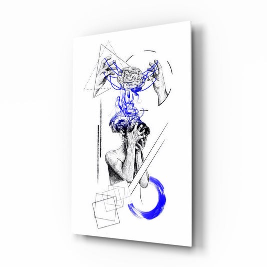 Overthinking Blue Thread Brain Sketch Glass Wall Art - Lifestyle preview in a designer interior