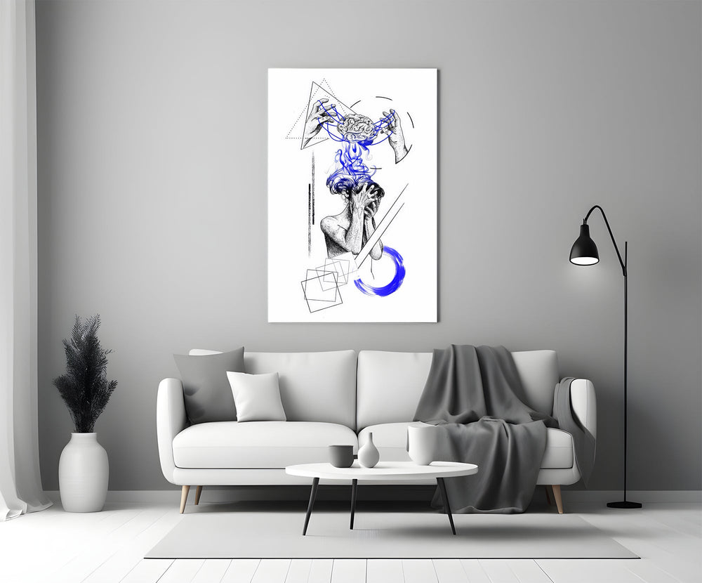 brain unravelling into blue threads panel bringing character to a minimalist living room wall