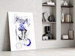brain unravelling into blue threads panel resting in a shelving niche in a modern interior