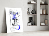 brain unravelling into blue threads panel resting in a shelving niche in a modern interior