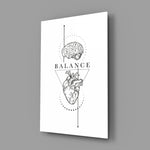 brain above heart balance line art glass wall art angled to show the polished tempered glass panel