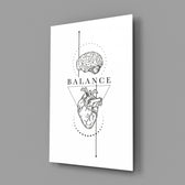 brain above heart balance line art glass wall art angled to show the polished tempered glass panel