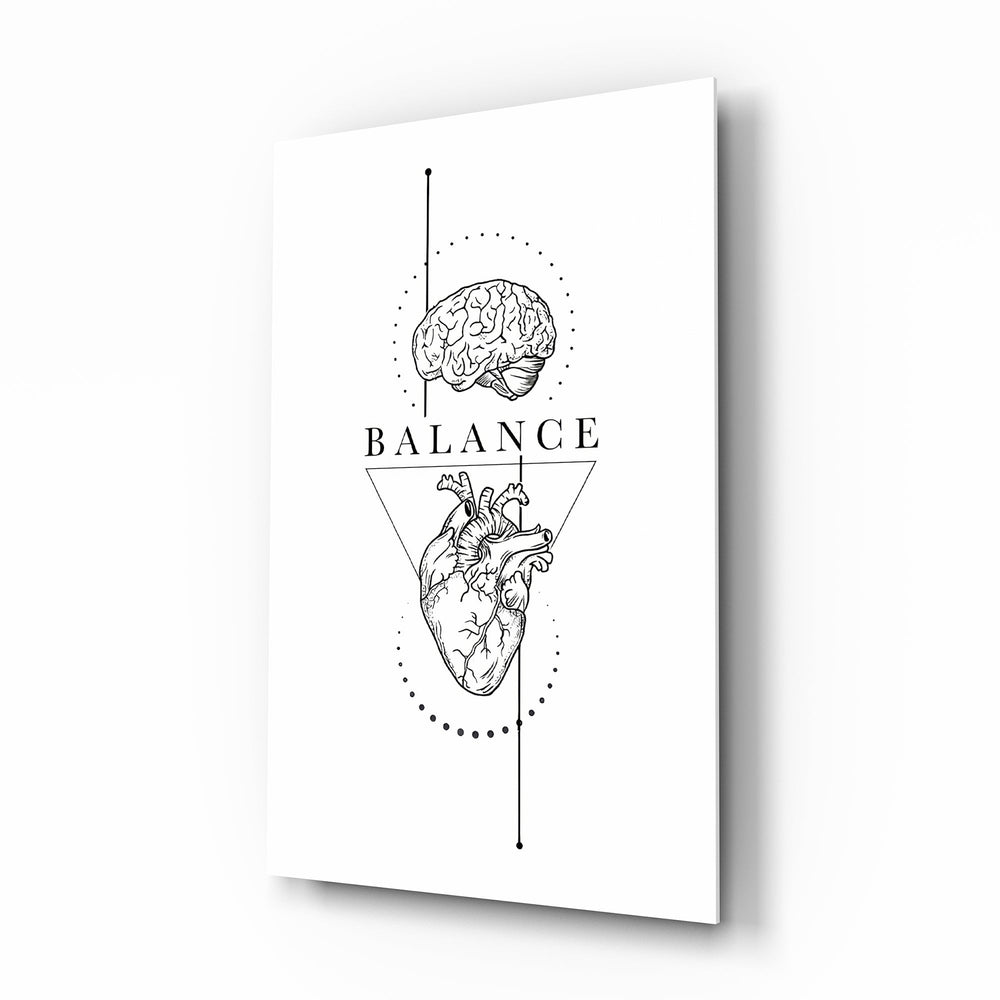 Balance Brain Over Heart White Line Art Glass Wall Art - Lifestyle preview in a designer interior