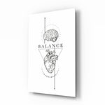 Balance Brain Over Heart White Line Art Glass Wall Art - Lifestyle preview in a designer interior