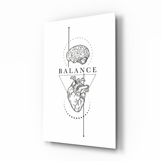 Balance Brain Over Heart White Line Art Glass Wall Art - Lifestyle preview in a designer interior