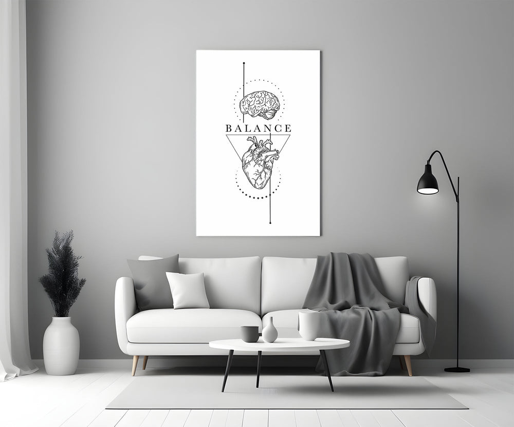 brain above heart balance line art panel bringing character to a minimalist living room wall